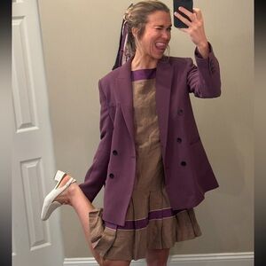 MaxMara Studio Khaki Purple Drop Waist Ruffled Prep Linen Dress Size 6